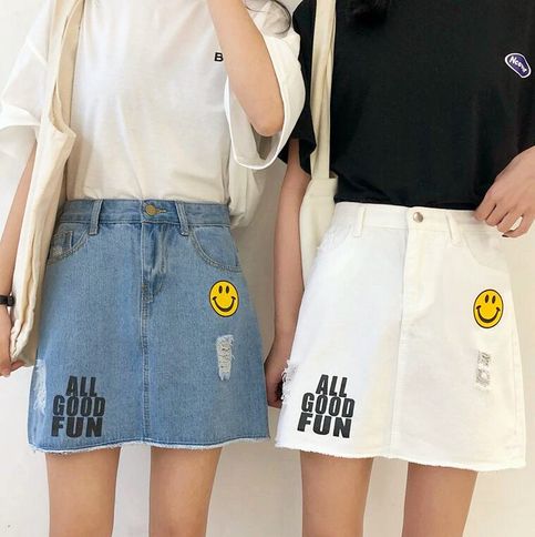 ALL GOOD FUN Smile Face Denim Skirt Trendy White Denim Skirt For Summer, Trendy White Denim Skirt For Spring, Trendy White Spring Denim Skirt, White Denim Skirt For Spring, Cute Summer Denim Skirt, Cute Denim Skirt With Pockets For Spring, White Denim Mini Skirt For Summer, White Denim Mini Skirt Casual, White Denim Skirt Casual Style