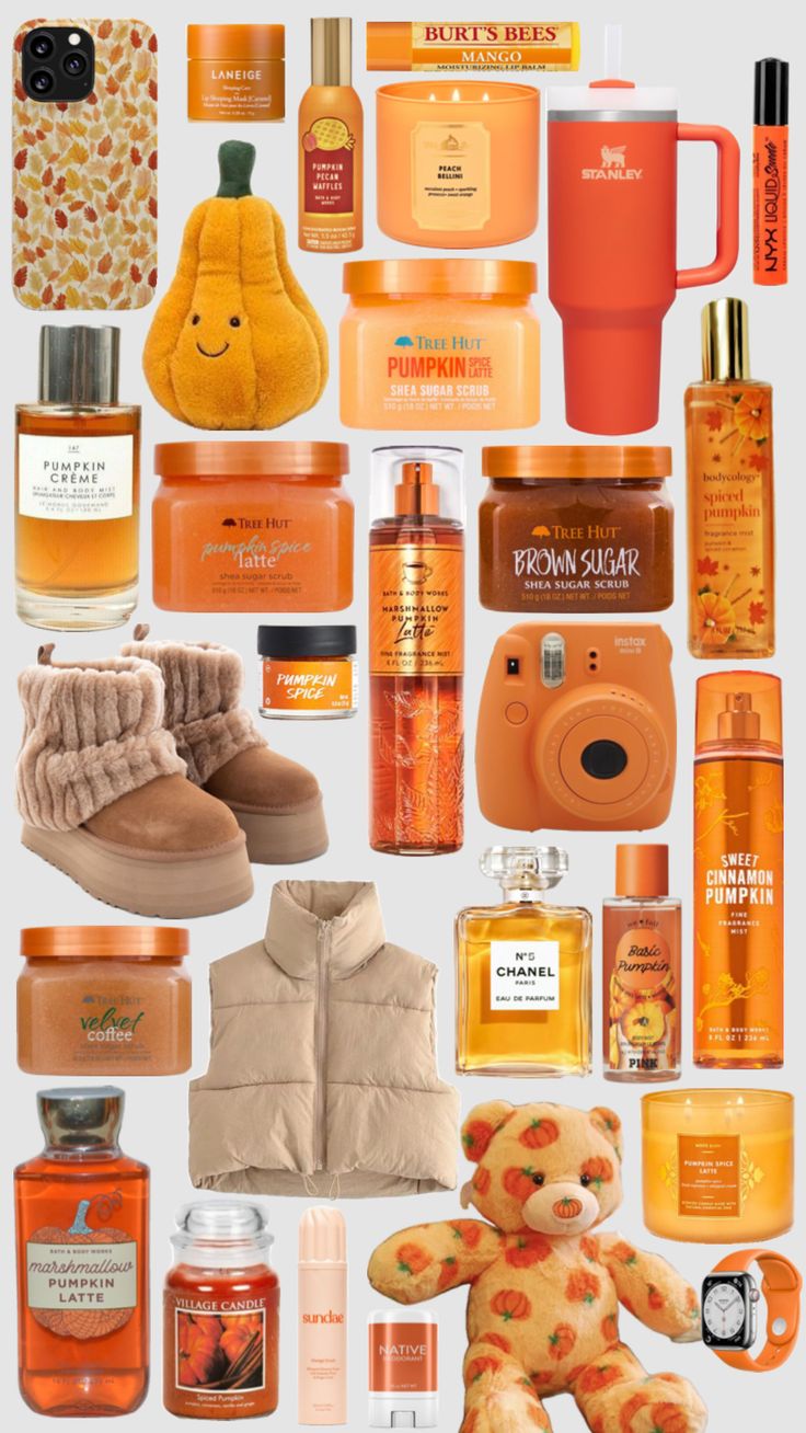 a collage of orange items including a teddy bear