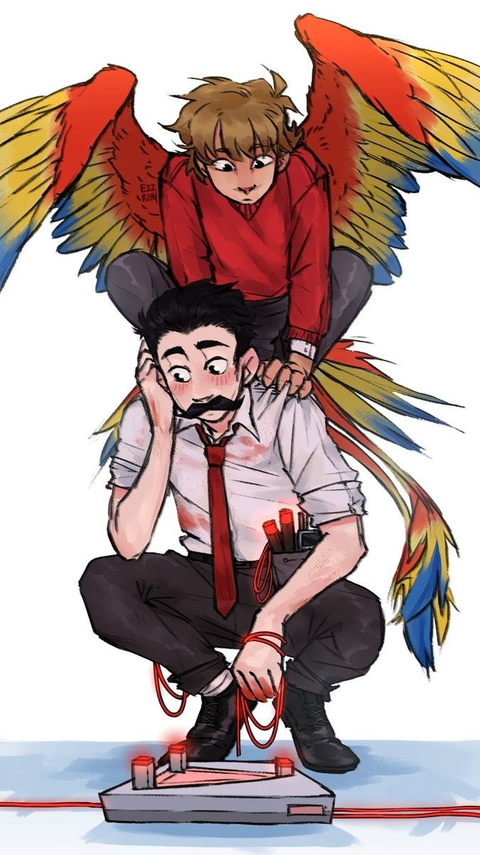 a man sitting on top of another man with wings