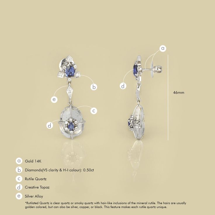 Our design ideology welcomes the imperfect and the edgy. A geometric spin on the traditional floral motifs and a signature pop of color embodies these earrings worked in gold set on a rutile quartz base and embellished with brilliant cut diamonds and blue topaz.
14K Gold & Silver Alloy Brilliant cut Diamonds : (VS clarity & H-I colour) : 0.50ct Gemstones : Rutile Quartz, Blue TopazRutilated Quartz is clear quartz or smoky quartz with hair-like inclusions of the mineral rutile. The hairs Timeless Pear-shaped Cubic Zirconia Earrings, Formal Tanzanite Teardrop Earrings, Sapphire Earrings In Prong Setting, Diamond White, White Sapphire Earrings With Prong Setting, Sapphire Halo Design Drop Earrings, Fine Jewelry Sapphire Earrings In Diamond White, Exquisite Sapphire Round Earrings, Exquisite Sapphire Earrings With Diamond Accents, Luxury Tanzanite White Gold Earrings