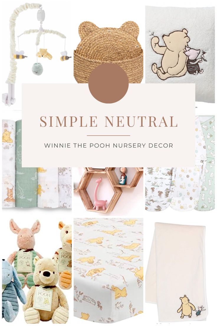 a collage of baby items including cribs, blankets and stuffed animals with the words simple neutral written above them