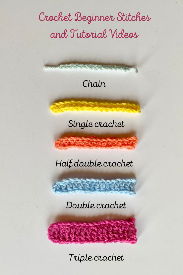 the crochet beginner stitches and individual videos are shown in four different colors