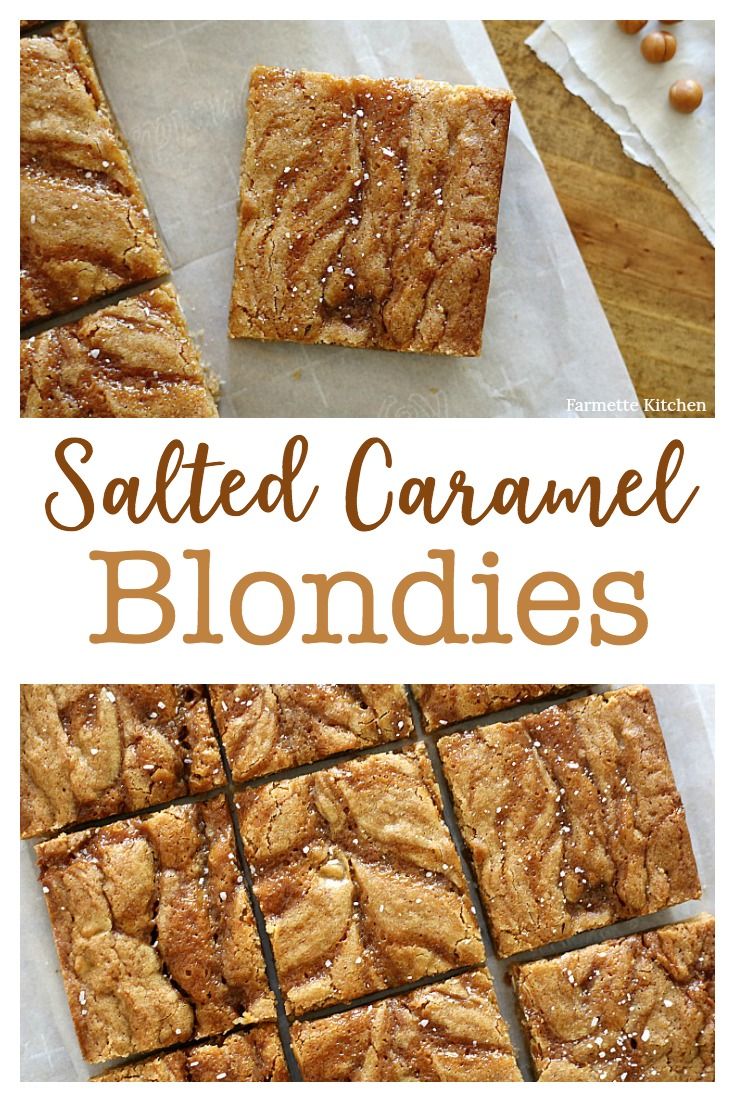 salted caramel blondies are cut into squares and stacked on top of each other