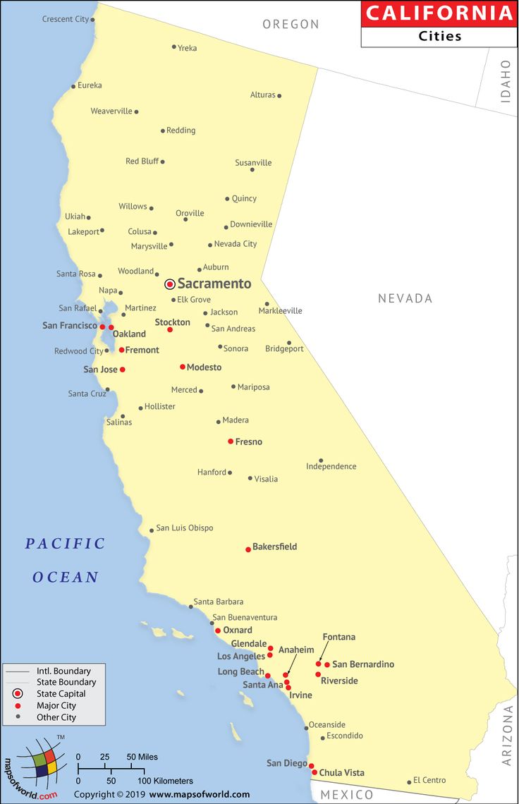 a map of california with all the major cities and towns in red, yellow, and blue