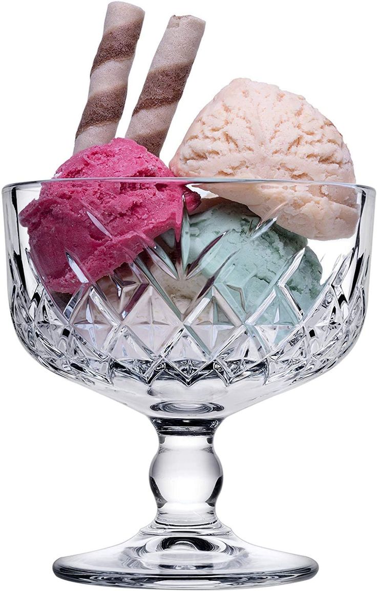 three scoops of ice cream in a glass bowl