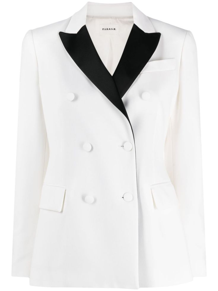 cream white/black virgin wool blend satin trim contrasting lapels peak lapels double-breasted button fastening chest welt pocket two front flap pockets long sleeves buttoned cuffs straight hem Blazer White, Emily In Paris, Double Breasted Blazer, White Blazer, Mens Activewear, Party Dresses For Women, Ladies Party, Womens Sweatpants, Womens Maxi Dresses