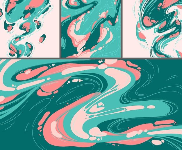 three abstract paintings with pink, blue and green colors on the same wallpapers