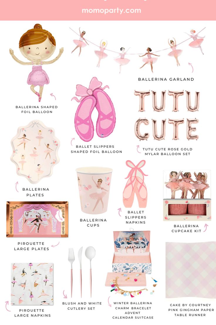 a poster with the names and pictures of different items for a ballerina birthday party