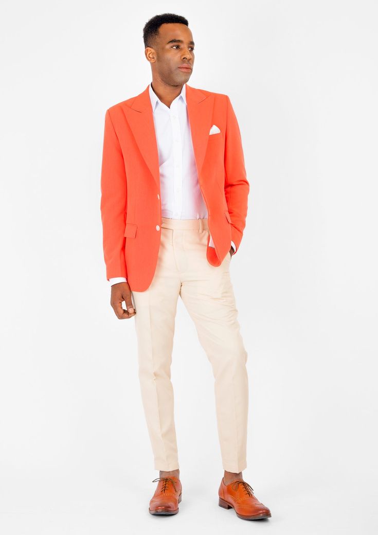 This unique and bold jacket is constructed from a premium orange stretch cotton fabric - you'll be sure to stand out in style! Move, groove, and command the room in absolute comfort. Tailored Long Sleeve Orange Outerwear, Tailored Orange Single-breasted Blazer, Tailored Orange Blazer With Notch Lapel, Fitted Orange Outerwear With Notch Lapel, Fitted Orange Blazer With Long Sleeves, Formal Orange Outerwear For Spring, Orange Formal Outerwear For Spring, Spring Formal Orange Outerwear, Orange Notch Lapel Outerwear For Spring