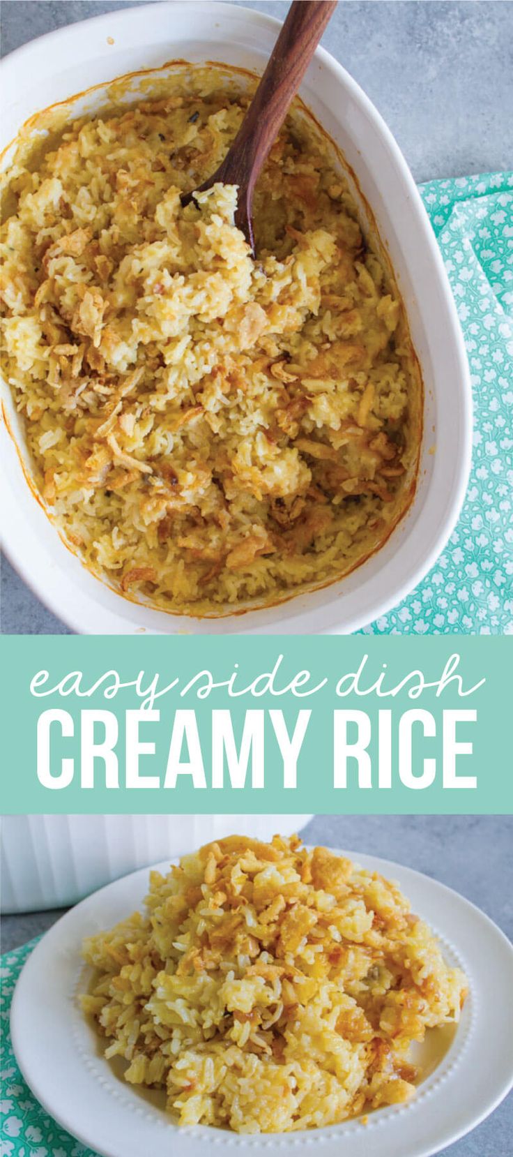 an easy recipe for creamy rice in a white bowl