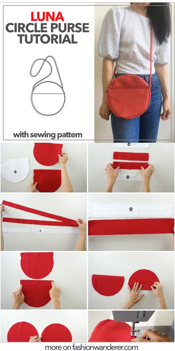 the instructions for how to make a circular purse with red fabric and white trims