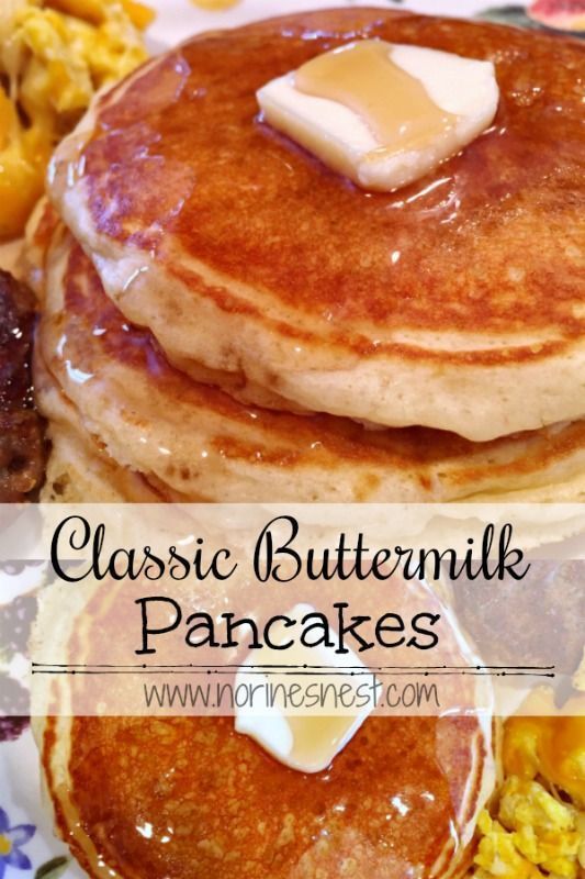 pancakes with butter and syrup on top are shown in this collage for the classic buttermilk pancake recipe