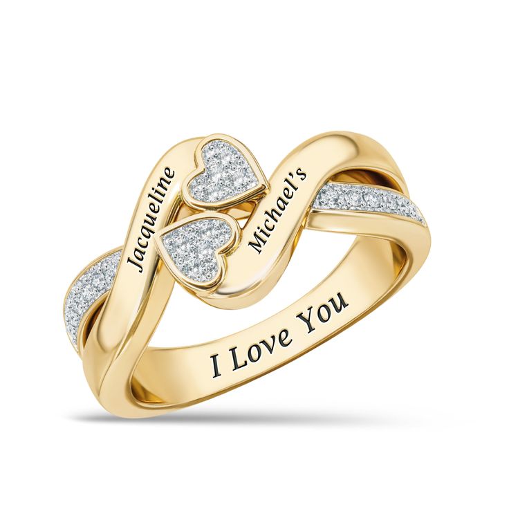 An infinitely romantic ring… Featuring 16 genuine diamonds adorning an elegant 14kt gold-plated double-heart design, this ring is the perfect way to say "I Love You". An intertwined double heart such as this one symbolizes a strong emotional connection and sense of shared unity between the both of you. What's more, the rings are engraved with both of your names and "I Love You", there to always remind you of the love you share! Infinity Rings For Wedding On Valentine's Day, Infinity Rings For Wedding And Valentine's Day, Promise Double Heart Diamond Ring With Accents, Infinity Promise Ring For Valentine's Day, Valentine's Day Gold Ring With Diamond Accents, Elegant Couple Promise Rings For Valentine's Day, Double Heart Diamond Ring With Accents For Valentine's Day, Double Heart Diamond Accents Ring For Promise, Promise Double Heart Ring With Diamond Accents