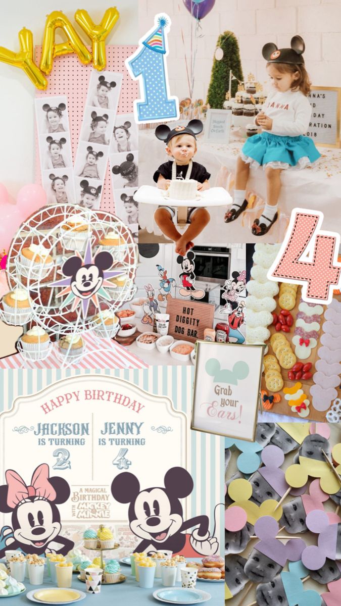 a birthday party with mickey and minnie mouse decorations