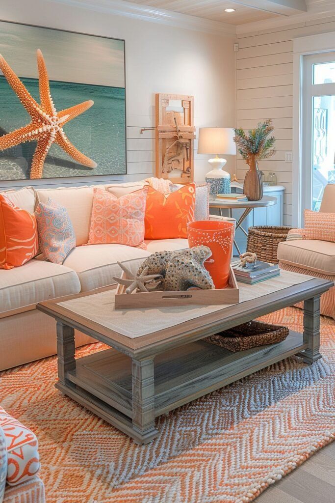 a living room filled with furniture and a starfish painting on the wall above it