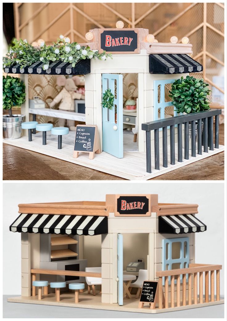 a doll house is shown with the words bakery on it and an open front door