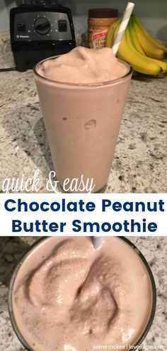 there is a smoothie with chocolate in it and the words, quick & easy chocolate peanut butter smoothie