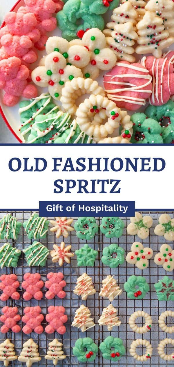 old fashioned spritz cookies on a cooling rack with text overlay that reads, old fashioned spritz gift of hospitality