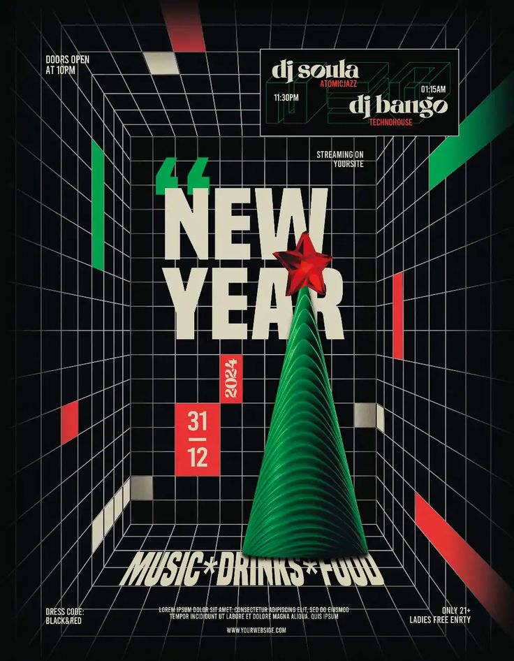 the new year poster for music - drinking - food, featuring a green christmas tree