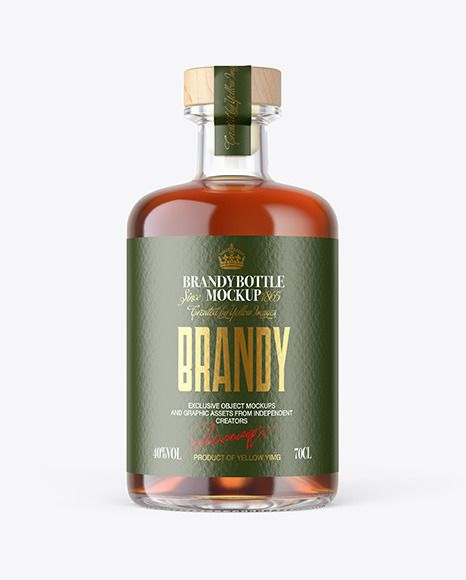 a bottle of brandy on a white background with a wooden cap and label mockup