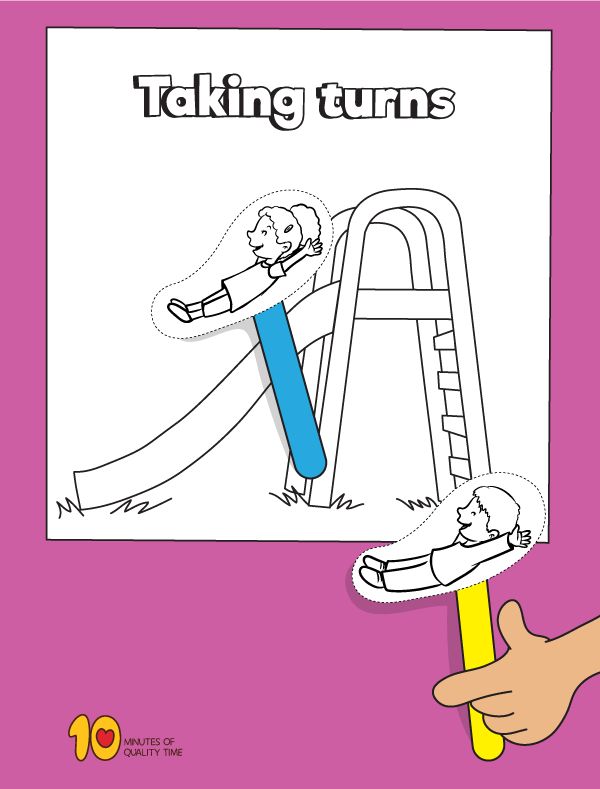 a coloring book with an image of a man on a slide and the words taking turns