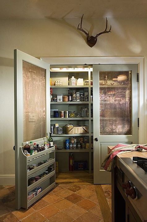 a kitchen with an open pantry in the corner and a deer head on the wall