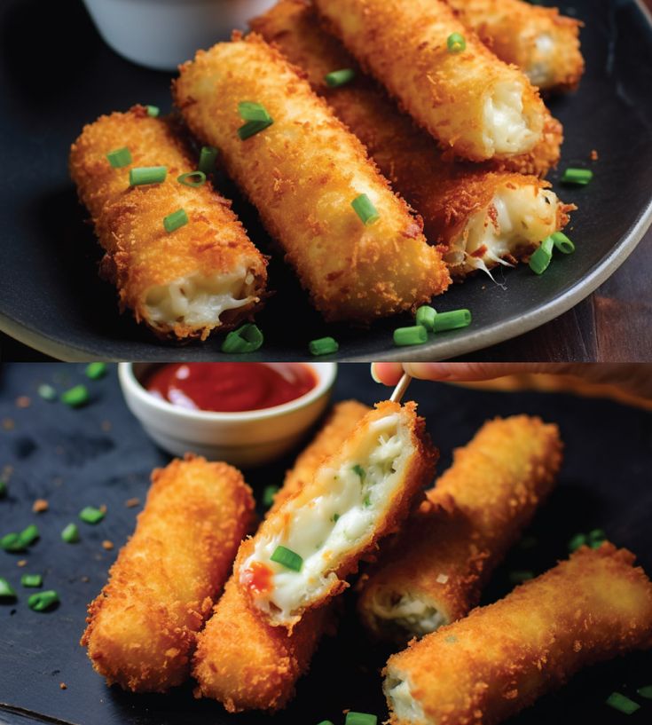 two plates filled with fried food and dipping sauce