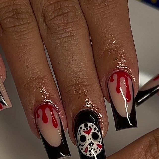 Friday 13th Nails Designs, Friday The 13 Nail Art, Jason Voorhees Nail Art, Friday The 13th Nail Designs, Friday The 13th Nails Acrylic, Friday 13 Nails, Friday 13th Nails, Friday The 13 Nails, Jason Nail Art