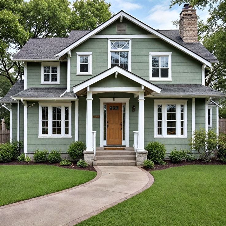 a gray house with white trim and windows