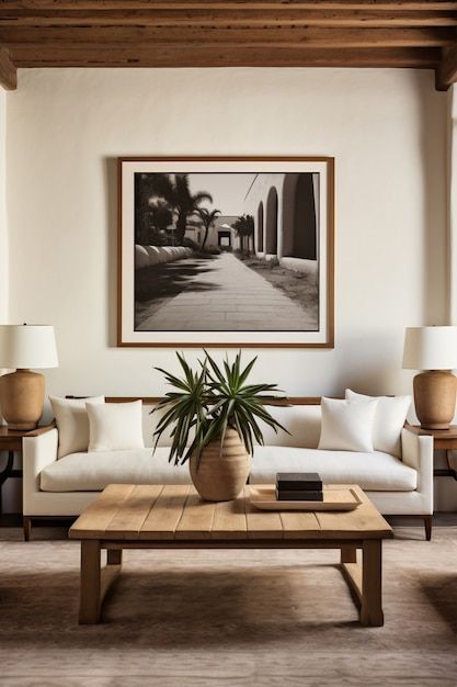 a living room filled with furniture and a painting hanging on the wall above it's coffee table