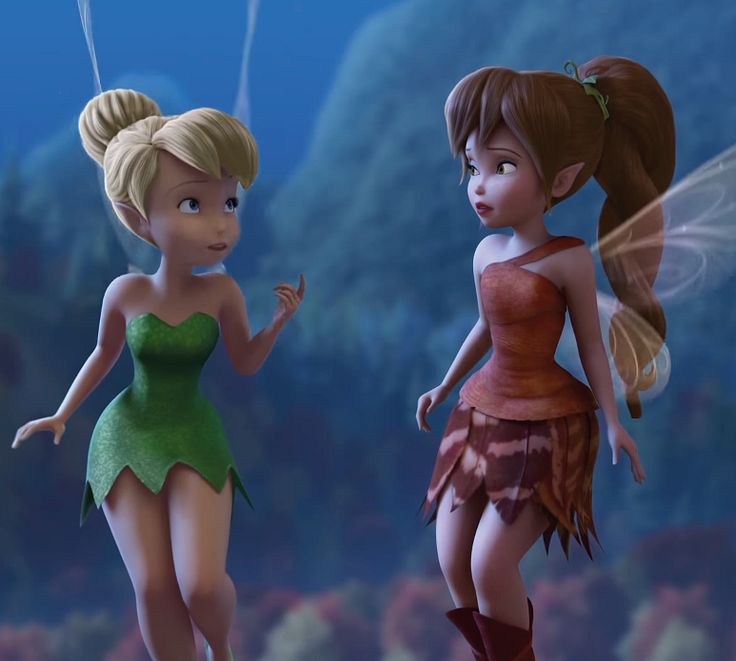 two cartoon characters dressed as tinkerbells standing next to each other in the woods