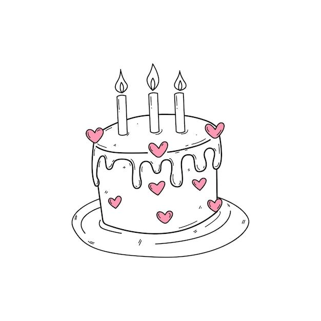 a birthday cake with three candles and hearts on it