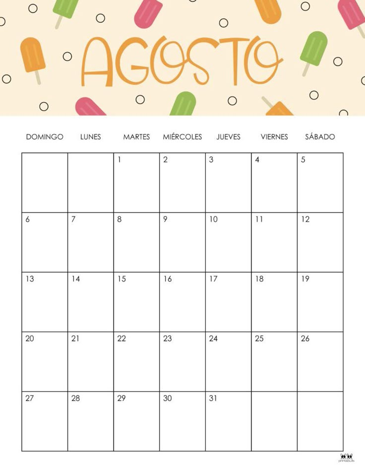 a printable august calendar with pops and ice creams on the front, and an orange