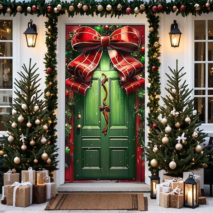 a green front door decorated with christmas decorations and presents next to two lit up trees