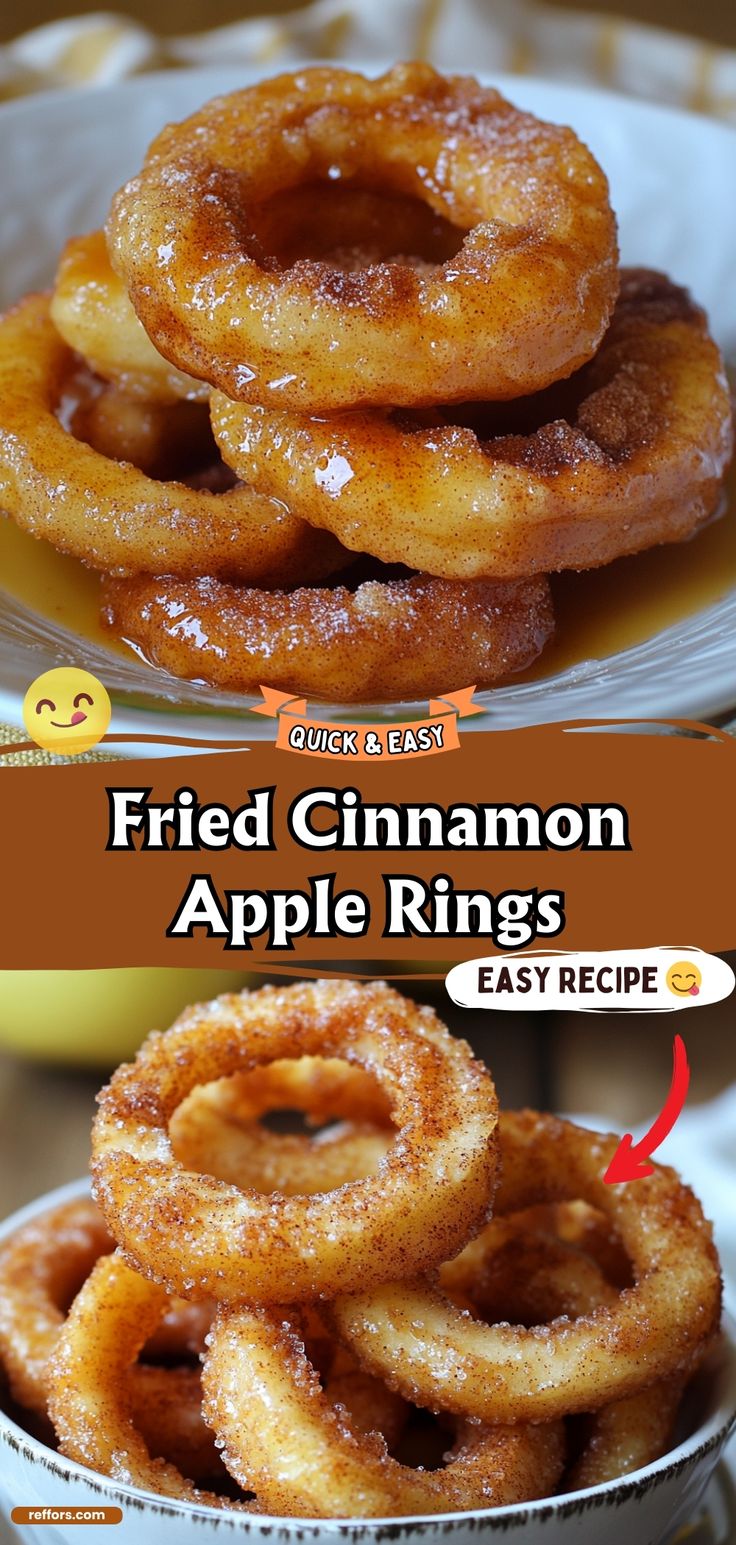 fried cinnamon apple rings on a plate with text overlay that reads fried cinnamon apple rings easy recipe