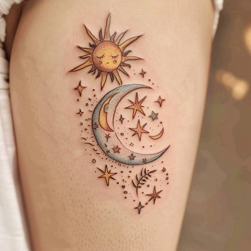 Sun And Moon Tattoo Master Files Fun Cute Tattoo Ideas, Moon Unique Tattoo, 90s Celestial Tattoo, Pretty First Tattoos, Whimsical Sun And Moon Tattoo, Traditional Style Moon Tattoo, Whimsical Art Tattoo, Color Thigh Tattoos Women, Witchy Hand Tattoos For Women