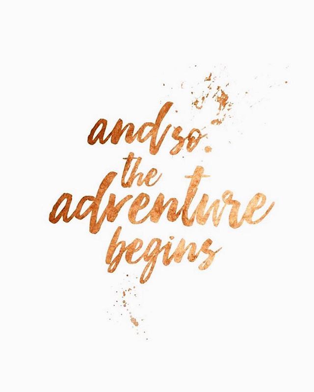 the phrase and so the adventure begins written in gold ink on a white paper background