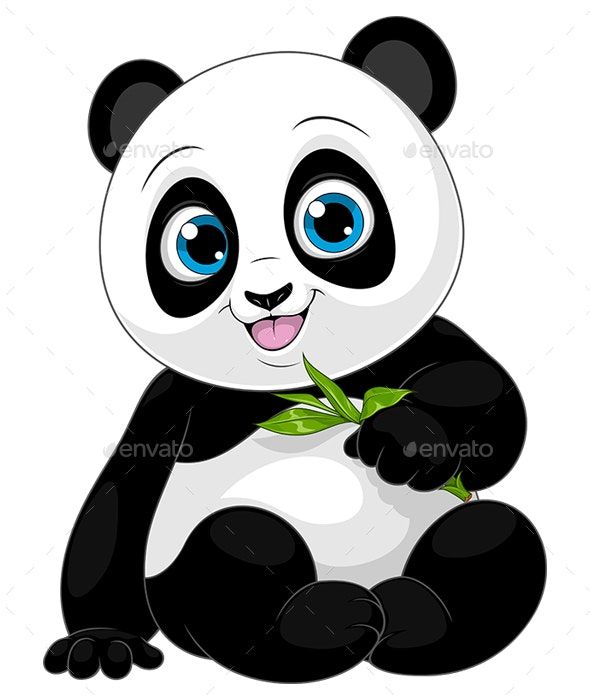 a cute panda bear sitting on the ground with a green leaf in its mouth - animals characters