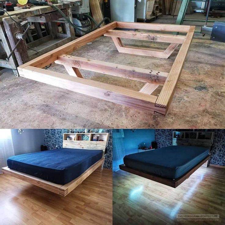 the bed frame is made out of wood and has blue sheets on top of it