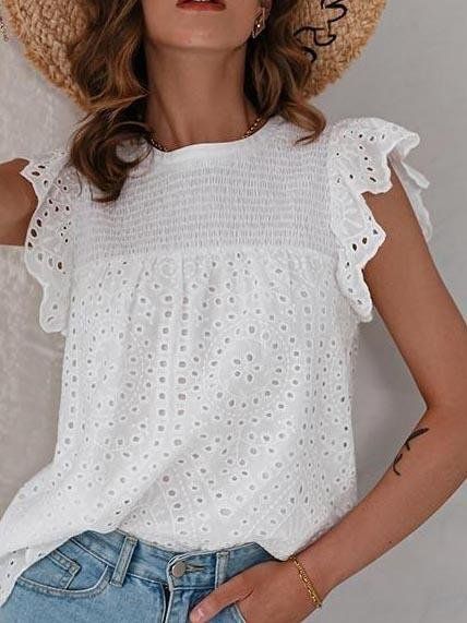 Lace Up Lotus Leaf Cutout Cotton Blouses - Blouses - INS | Online Fashion Free Shipping Clothing Leaf Cutout, White Short Sleeve Blouse, Womens Lace Tops, Women White Blouse, Lotus Leaf, White Lace Top, Lace Short, Casual Tank Tops, Lace Shirt