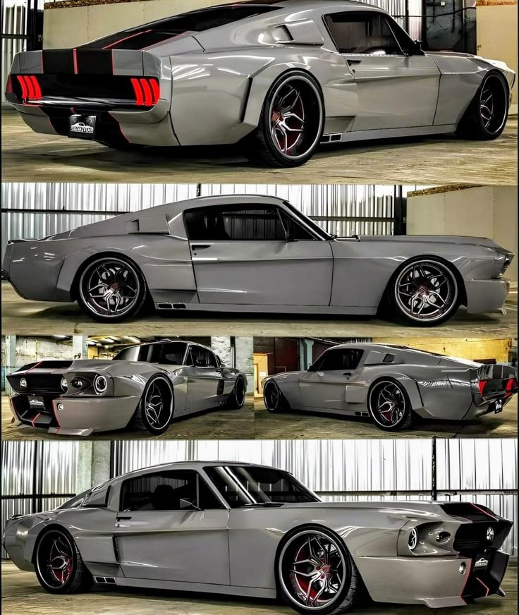 three different views of a silver car with red stripes on the front and rear end