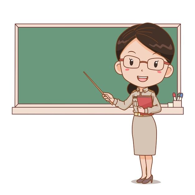 a woman teacher standing in front of a chalkboard with a pointer and book on it