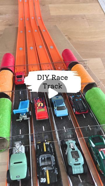 a toy train track with cars and trucks on it that has the words diy race track