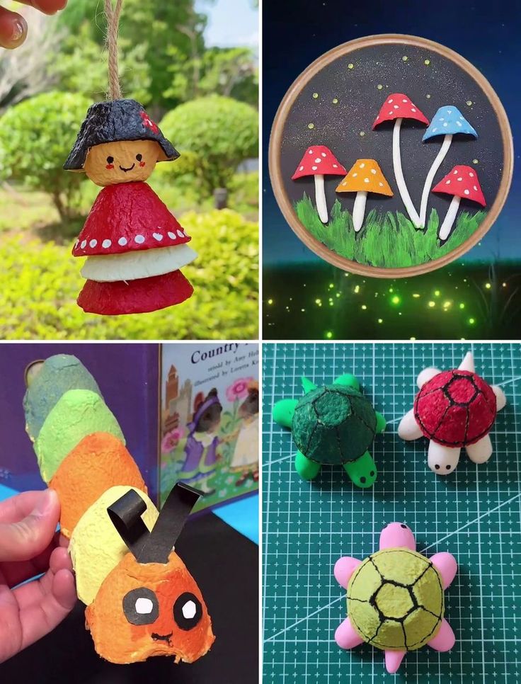 four different pictures with various items made from clay and paper, including an ornament