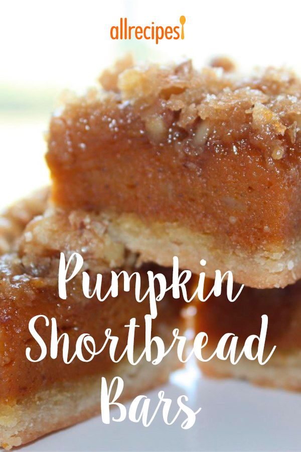 pumpkin shortbread bars stacked on top of each other with the words, allrecipes