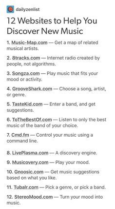 an ad with the words, 12 web sites to help you discovery new music