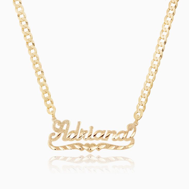 14k Gold Figaro Chain Nameplate Jewelry, 14k Gold Nameplate Necklace With Adjustable Chain, 14k Yellow Gold Name Necklace With Curb Chain, Figaro Chain Pendant Name Necklace As Gift, Elegant Nameplate Curb Chain Necklace, Yellow Gold Name Necklace With Curb Chain As Gift, 14k Gold Curb Chain Nameplate Jewelry, 14k Gold Name Necklace With Curb Chain As Gift, Elegant Nameplate Necklace With Figaro Chain