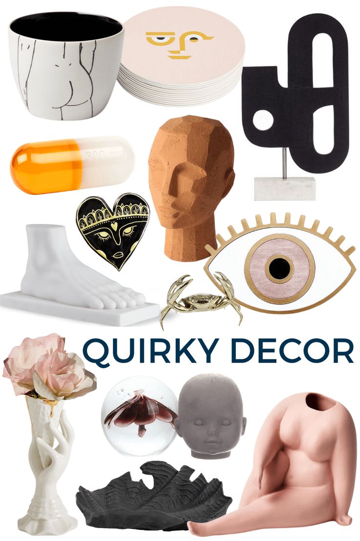 the cover of quirky decor, with various objects and text overlaying it