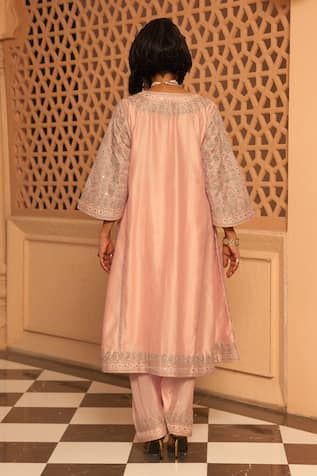 Rose pink panelled chauga kurta with embroidery work using kashmiri tilla, mirror work in floral motifs pattern. Paired with a salwar with embroidered hem. - Aza Fashions Pink Kurta For Eid Reception, Elegant Pink Sets For Transitional Season, Pink Cotton Silk Set For Reception, Pink Dabka Kurta For Reception, Elegant Pink Palazzo Set In Cotton Silk, Elegant Pink Cotton Silk Palazzo Set, Pink Resham Embroidered Art Silk Kurta, Elegant Pink Cotton Silk Sharara, Elegant Pink Palazzo Set With Cutdana