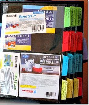 several coupons are stacked on top of each other in a book case with price tags attached to them